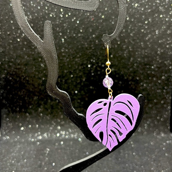 Handmade Purple Leaf Earrings - Picture 4 of 6